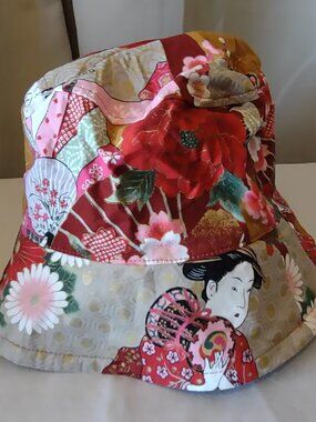 Bucket Hat with Geisha Floral Gold Red Print Japan Cotton Blend